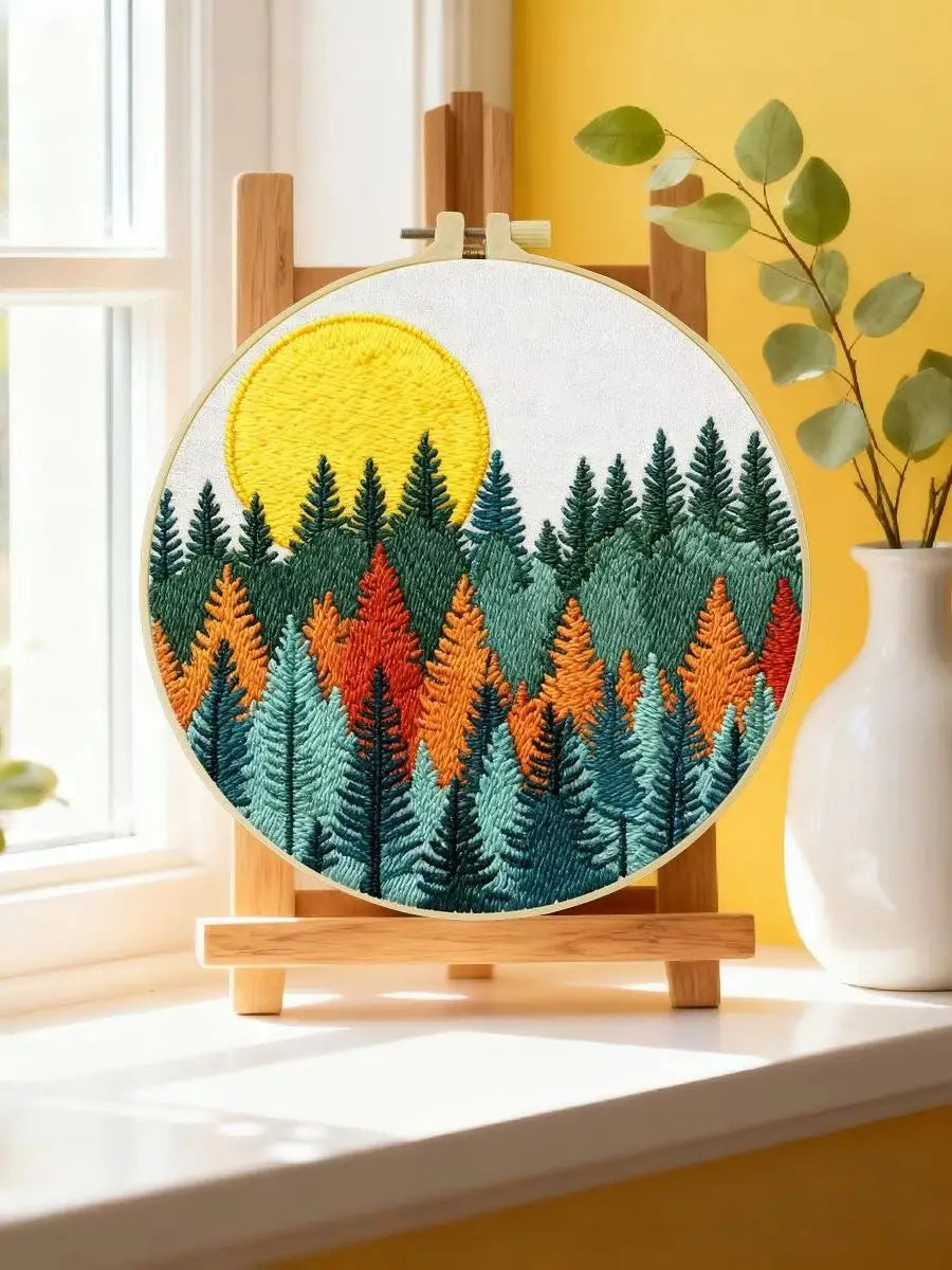 Moonlit Forest Embroidery Kit – Colorful Pine Trees DIY Hand Embroidery Hoop Art Set