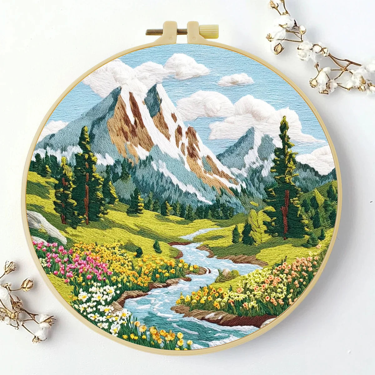 Mountain Wildflower Landscape Embroidery Kit – Alpine River Scenic DIY Needlepoint Hoop Art Nature Lover Craft Gift for Adults
