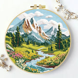 Mountain Wildflower Landscape Embroidery Kit – Alpine River Scenic DIY Needlepoint Hoop Art Nature Lover Craft Gift for Adults