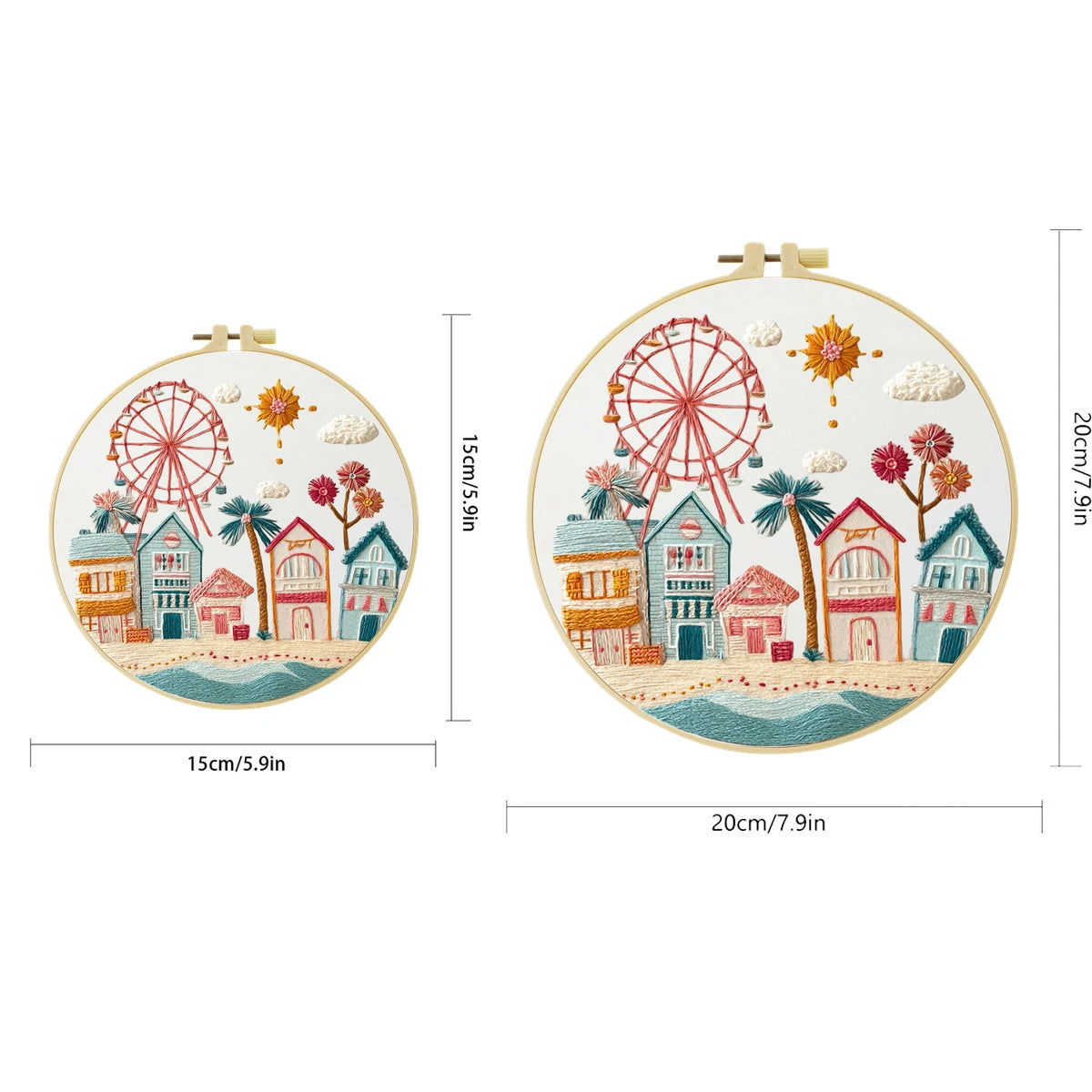 Whimsical Coastal Village Embroidery Kit – Pastel Beach Town & Ferris Wheel Needlepoint Pattern with Seaside Charm