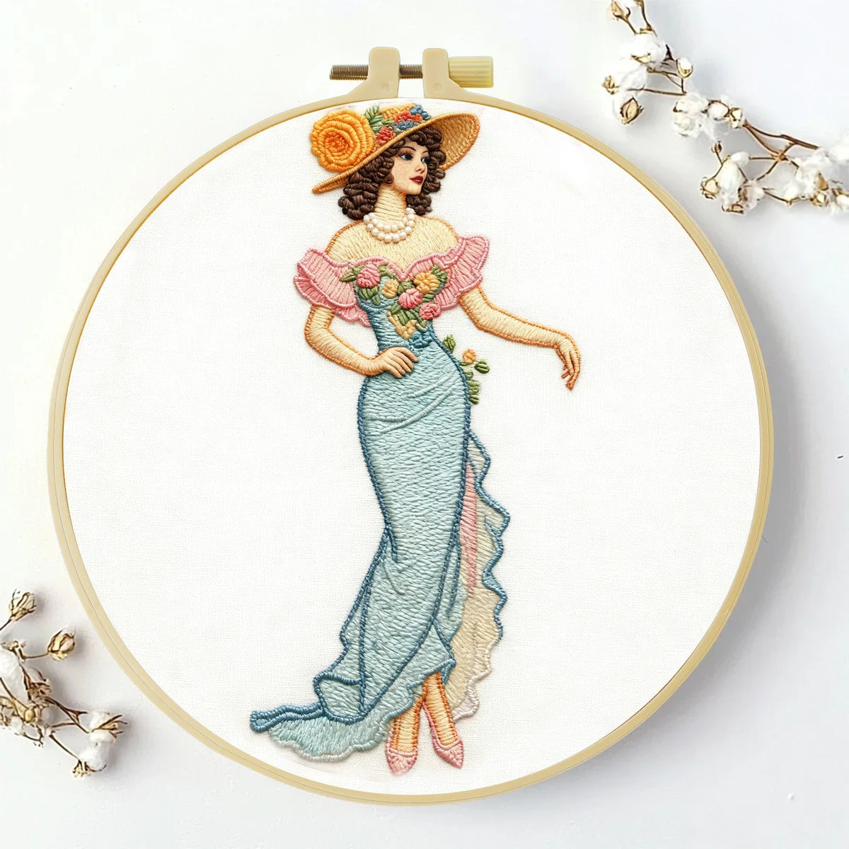 Vintage Lady in Elegant Dress Embroidery Kit – Victorian Style Woman with Floral Gown & Hat DIY Hand Stitch Art Set with Hoop & Threads