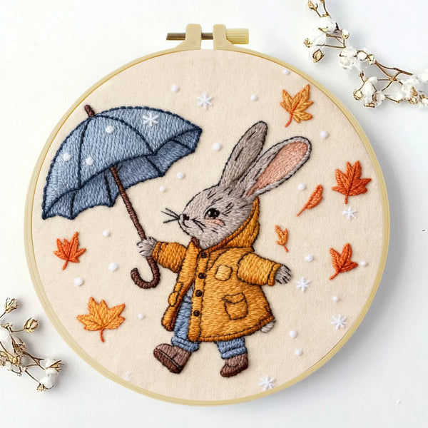 Autumn Bunny with Umbrella Embroidery DIY Kit – Cute Woodland Animal Hand Stitch Craft with Hoop & Threads