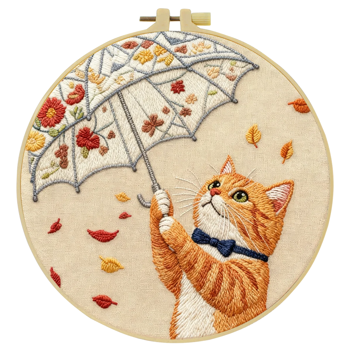 Cute Cat with Umbrella Embroidery Starter Kit DIY – Beginner Animal Hand Embroidery Kit with Autumn Design