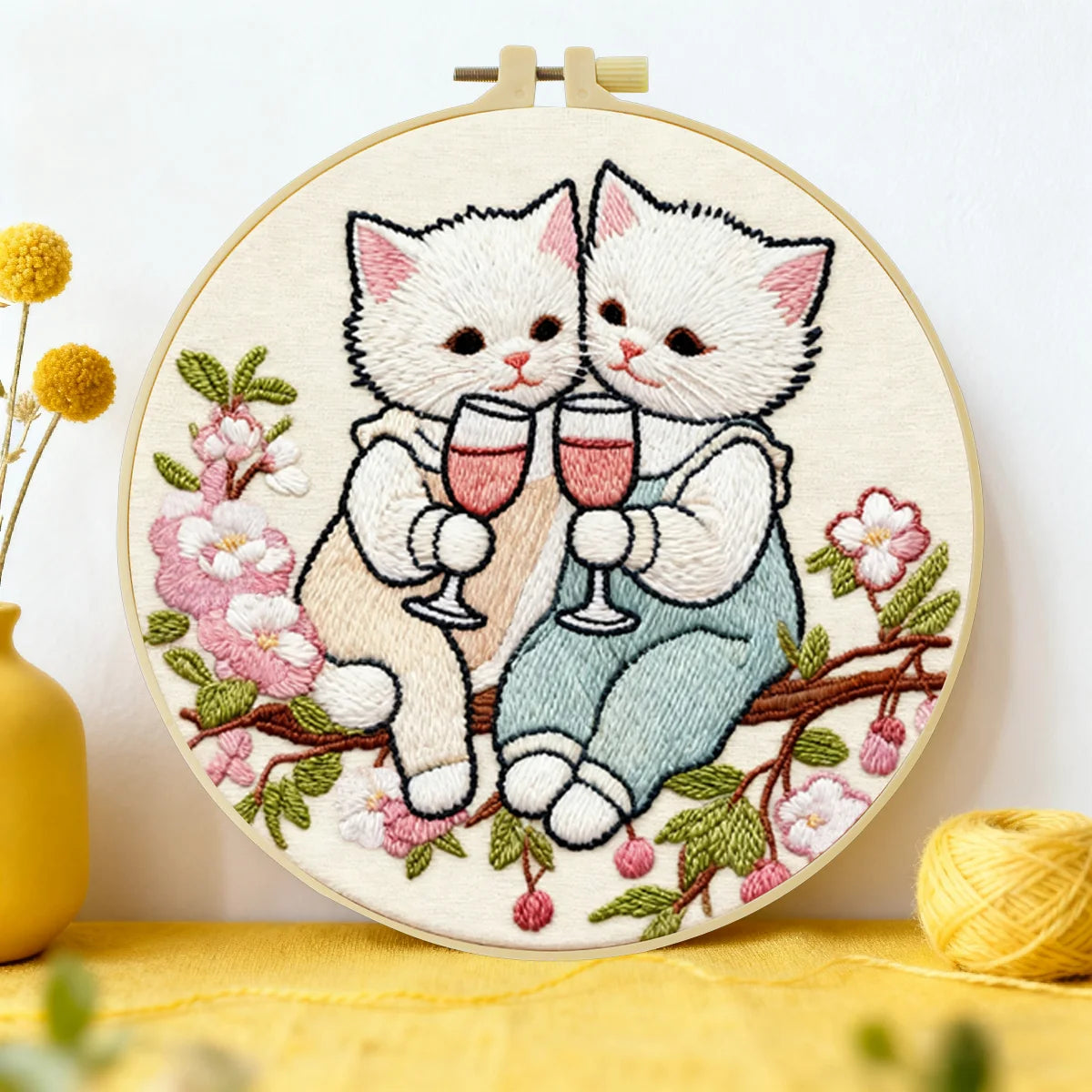 Cute Couple Cats Embroidery Starter Kit – DIY Romantic Animal Sewing Art Set for Beginners