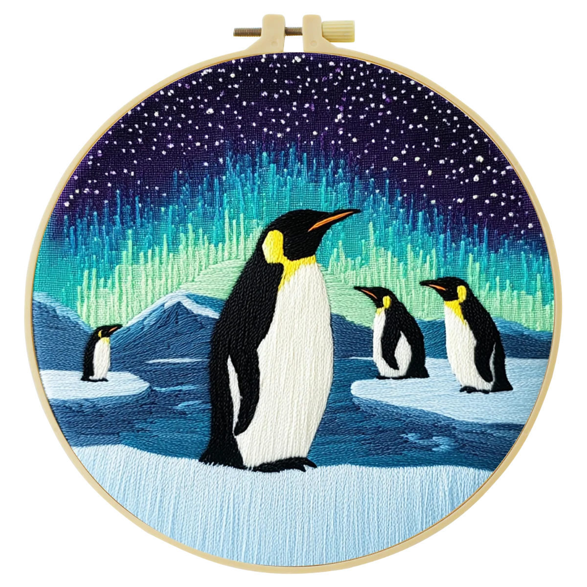 Penguin Aurora Embroidery Kit – Northern Lights Antarctic Scene Needlepoint Pattern with Penguins & Starry Winter Sky