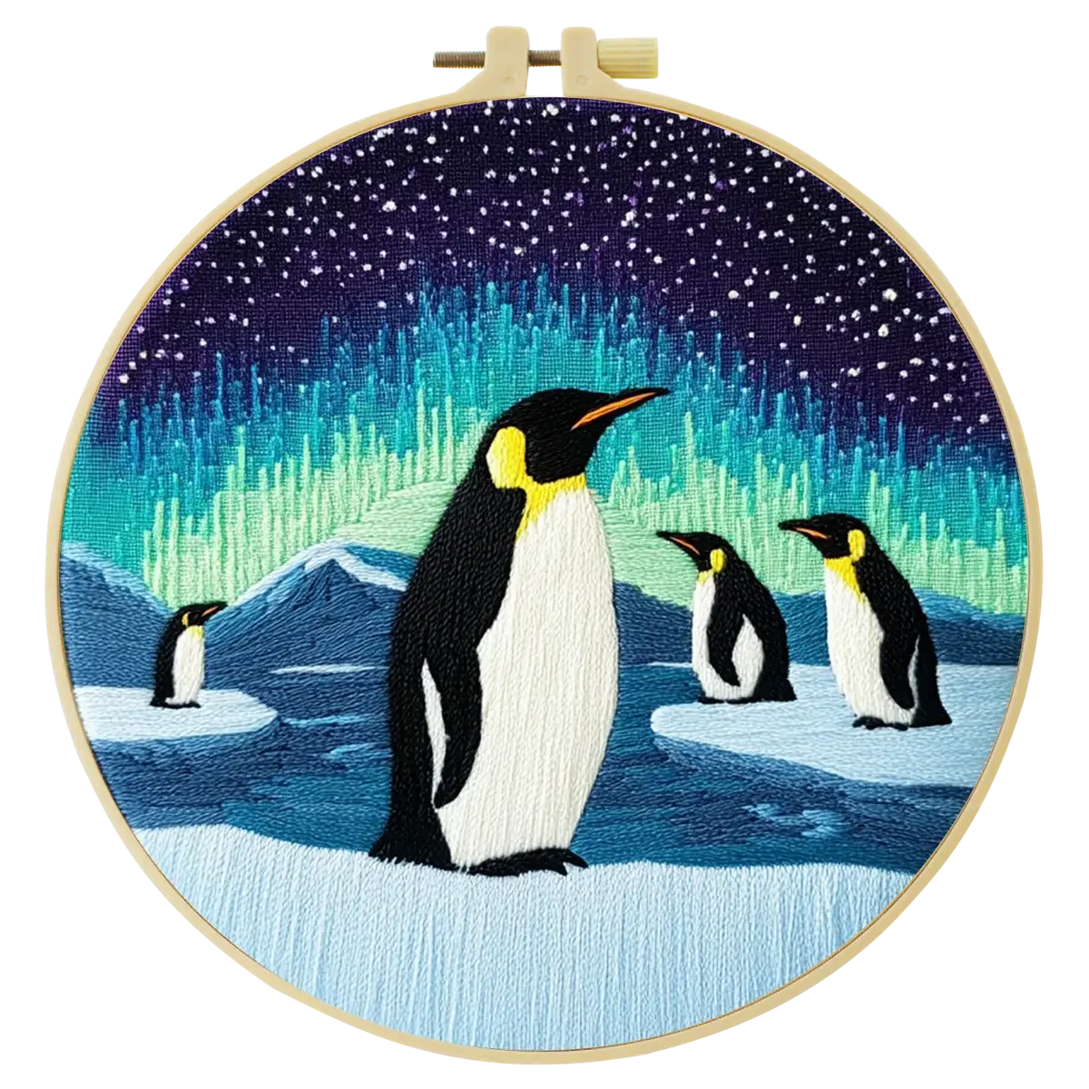 Penguin Aurora Embroidery Kit – Northern Lights Antarctic Scene Needlepoint Pattern with Penguins & Starry Winter Sky Kits For Stitchers