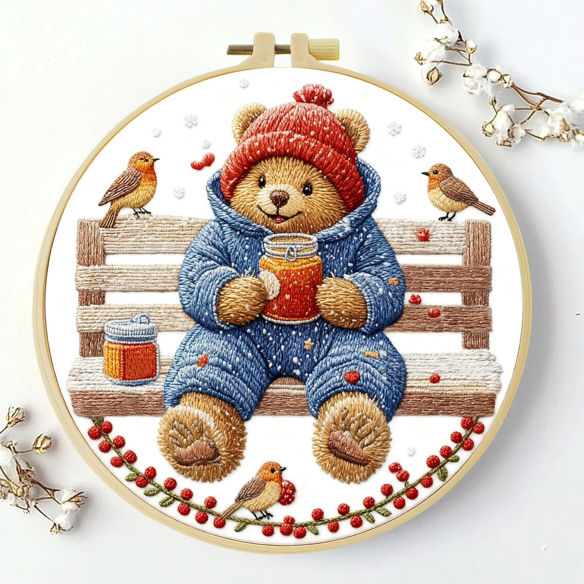 Winter Teddy Bear Embroidery DIY Kit – Cute Animal Beginner Stitching Kit with Hoop, Pattern & Threads