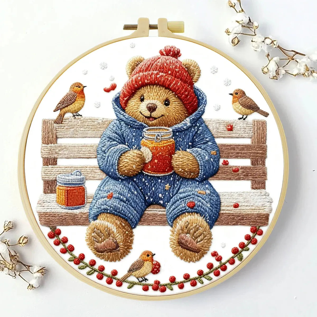 Winter Teddy Bear Embroidery DIY Kit – Cute Animal Beginner Stitching Kit with Hoop, Pattern & Threads The Stichers Heavane