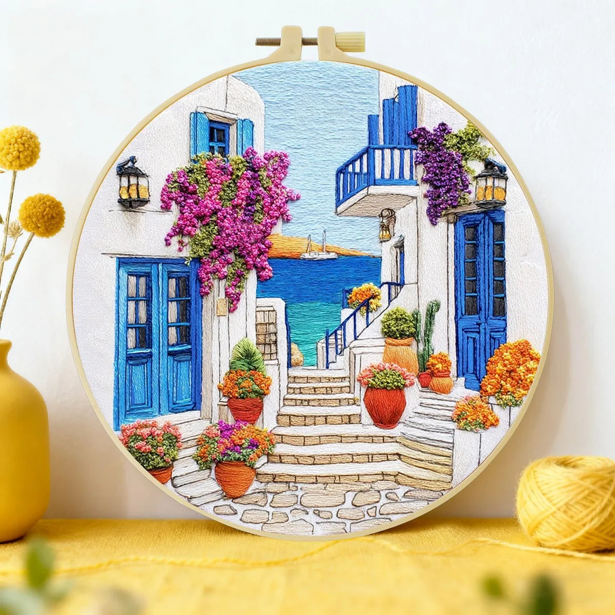 Greek Island Alley Embroidery Kit – Mediterranean Coastal Street DIY Needlepoint Hoop Art Santorini Inspired Home Decor Craft Gift