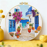 Greek Island Alley Embroidery Kit – Mediterranean Coastal Street DIY Needlepoint Hoop Art Santorini Inspired Home Decor Craft Gift Kits For Stitchers