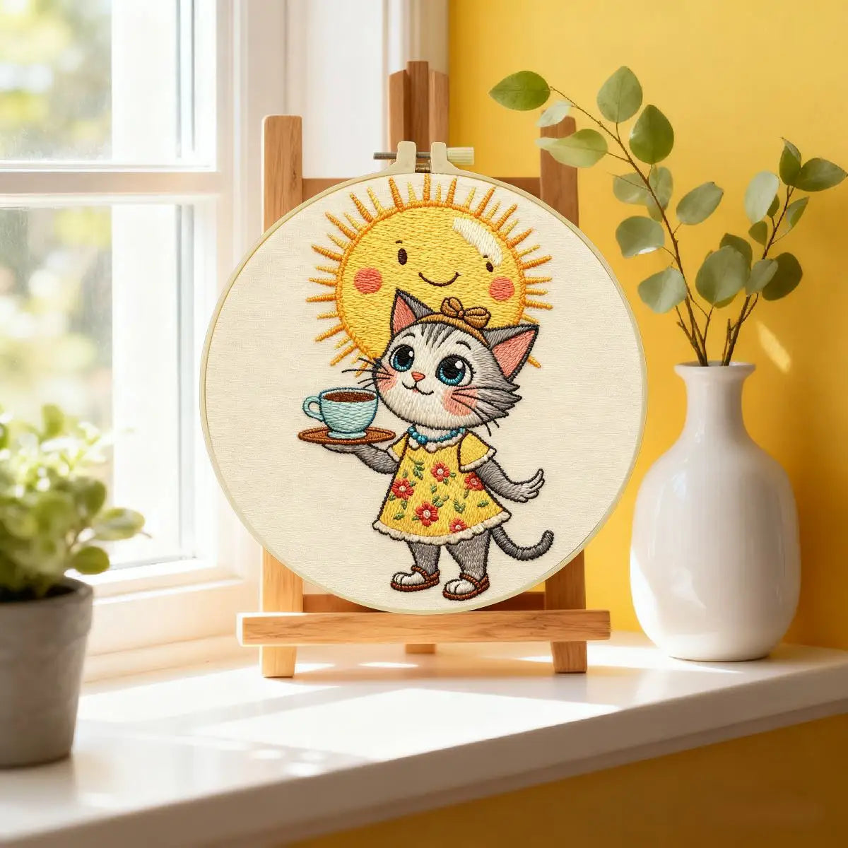 Cute Cat Tea Party Embroidery Kit – Kawaii Sunshine DIY Hand Embroidery Hoop Art Set