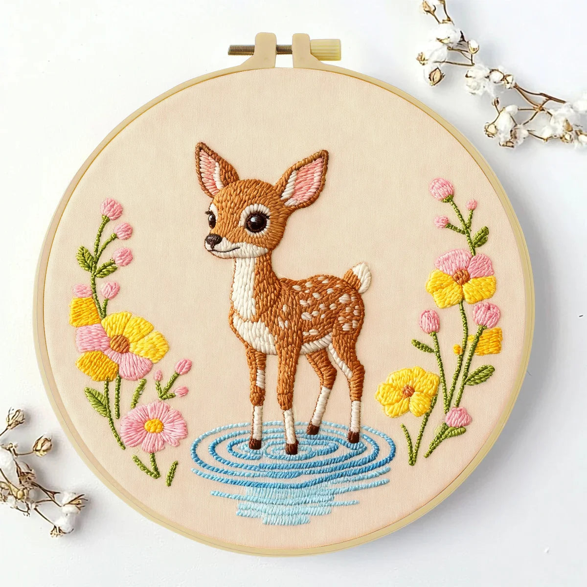 Cute Baby Deer Embroidery Kit – Woodland Fawn DIY Sewing Craft, Floral Nursery Hoop Wall Art Decor