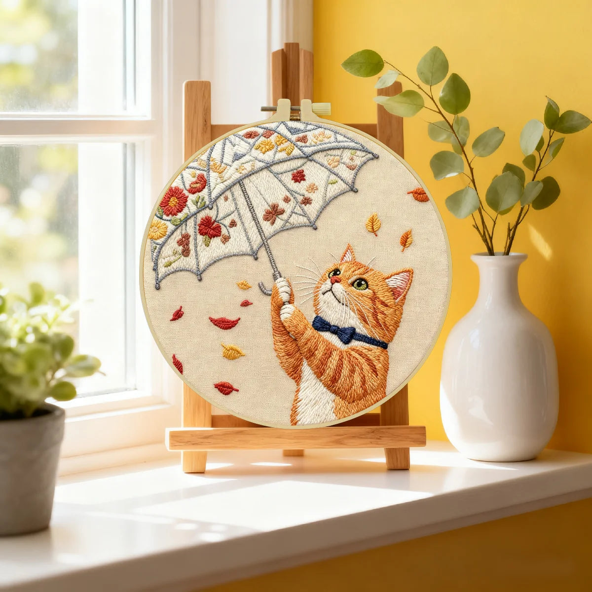 Cute Cat with Umbrella Embroidery Starter Kit DIY – Beginner Animal Hand Embroidery Kit with Autumn Design