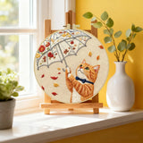 Cute Cat with Umbrella Embroidery Starter Kit DIY – Beginner Animal Hand Embroidery Kit with Autumn Design