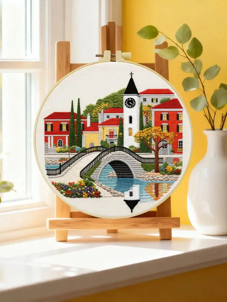 European Village Bridge Embroidery Kit – Scenic Canal Town DIY Needlepoint Hoop Art Cozy Landscape Decor Craft Gift for Adults