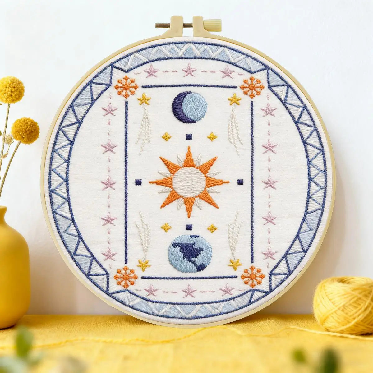 Sun Moon Celestial Embroidery Kit – DIY Boho Astrology Hoop Art for Beginners & Craft Lovers