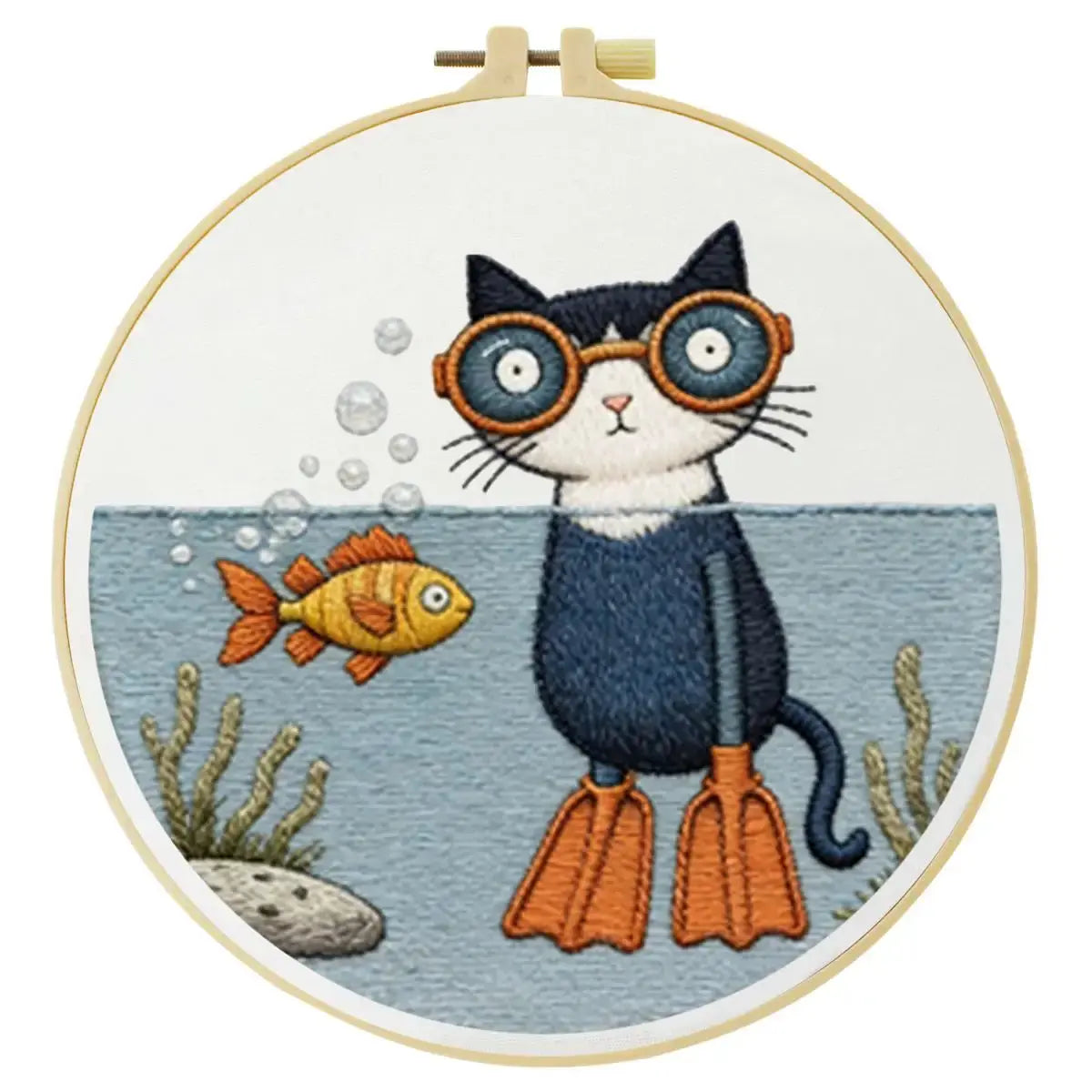 Scuba Cat Embroidery Kit – Funny Underwater Kitty DIY Hand Embroidery Set 🐱🐠🤿 Kits For Stitchers