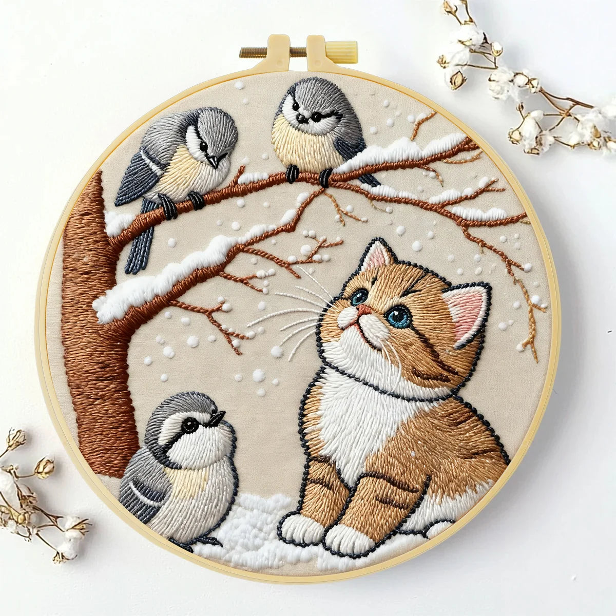 Winter Kitten & Snowbirds Embroidery DIY Kit – Cute Animal Hand Stitch Craft with Hoop & Threads