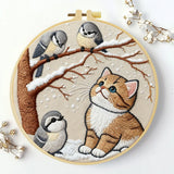 Winter Kitten & Snowbirds Embroidery DIY Kit – Cute Animal Hand Stitch Craft with Hoop & Threads