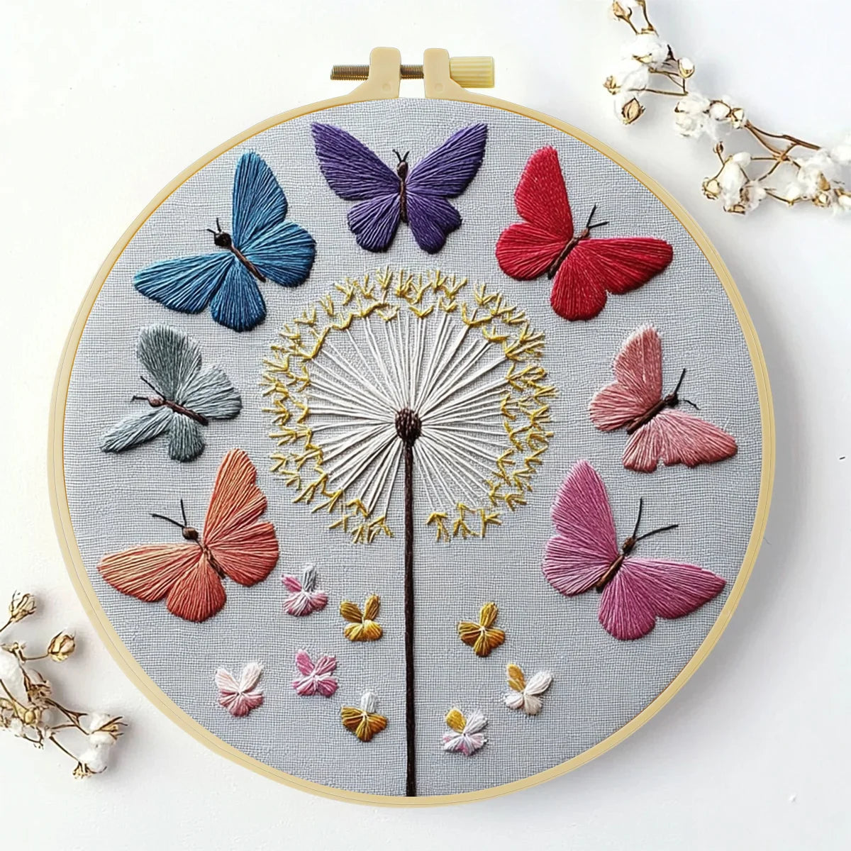 Butterflies & Dandelion Embroidery Kit – Colorful Nature Needlepoint Pattern with Whimsical Floral Wall Art Decor