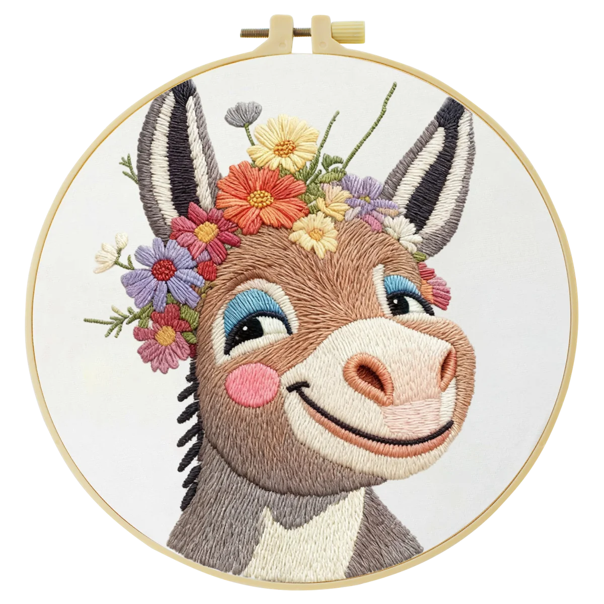 Handmade Floral Donkey Embroidery Hoop Wall Art – Cute Farm Animal Nursery Decor