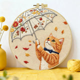 Cute Cat with Umbrella Embroidery Starter Kit DIY – Beginner Animal Hand Embroidery Kit with Autumn Design Kits For Stitchers