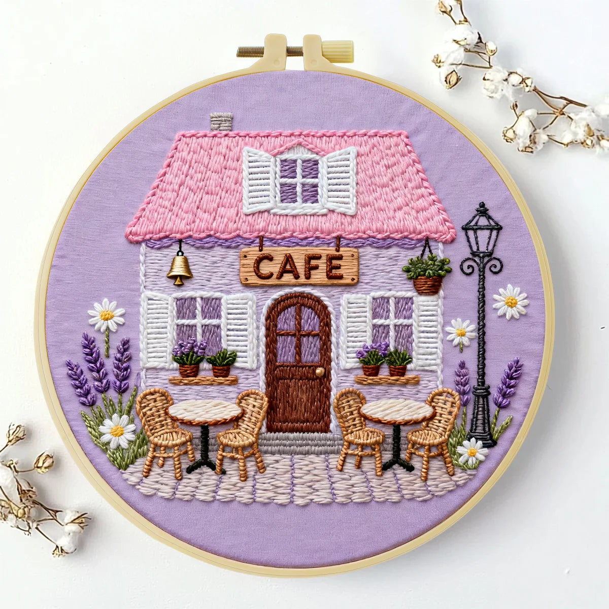 Charming Cafe House Embroidery Starter Kit – DIY Floral Cottage Sewing Art Set for Beginners