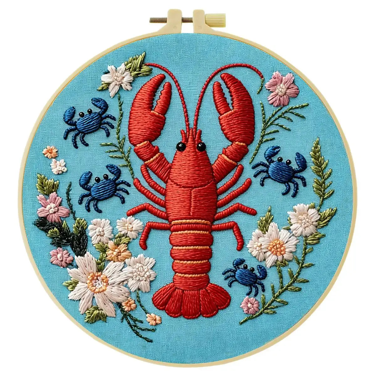 Lobster & Blue Crabs Embroidery Kit โ Colorful Coastal Floral Design Kits For Stitchers