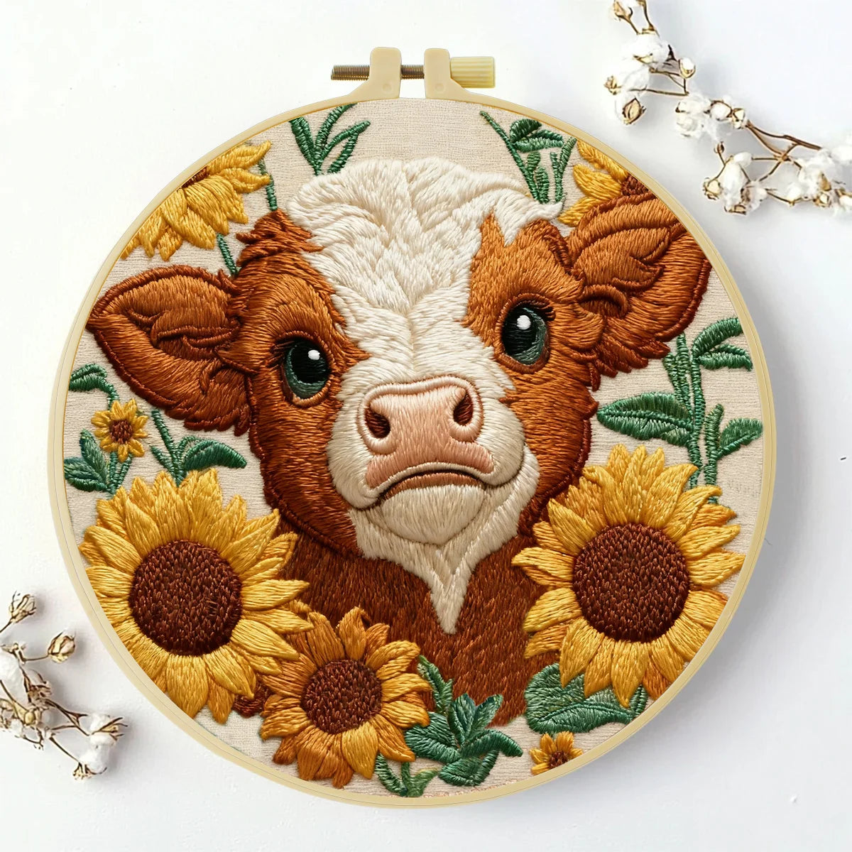 Highland Cow with Sunflowers Embroidery DIY Kit – Farm Animal Beginner Stitching Kit with Hoop, Pattern & Threads