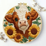 Highland Cow with Sunflowers Embroidery DIY Kit – Farm Animal Beginner Stitching Kit with Hoop, Pattern & Threads