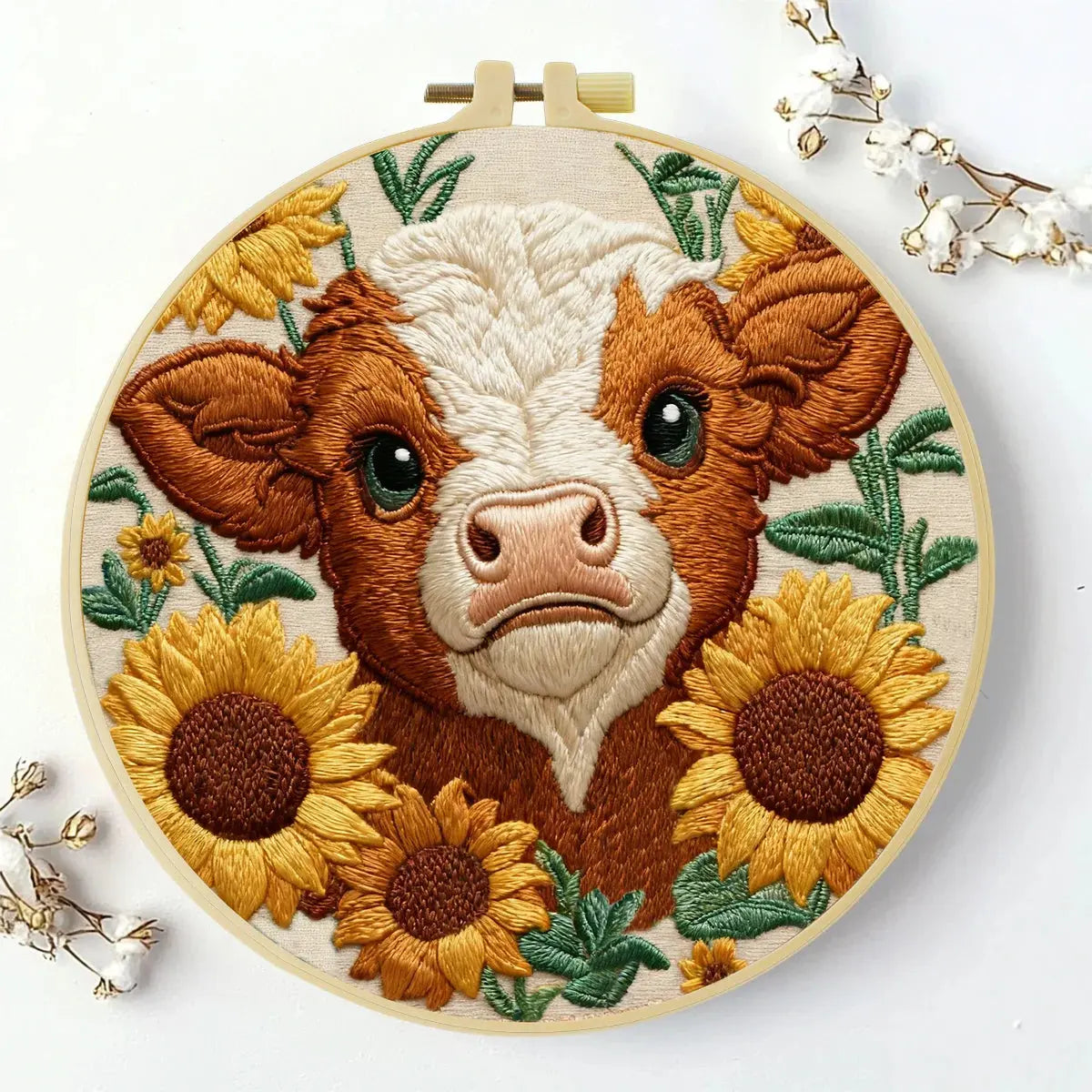 Highland Cow with Sunflowers Embroidery DIY Kit – Farm Animal Beginner Stitching Kit with Hoop, Pattern & Threads The Stichers Heavane