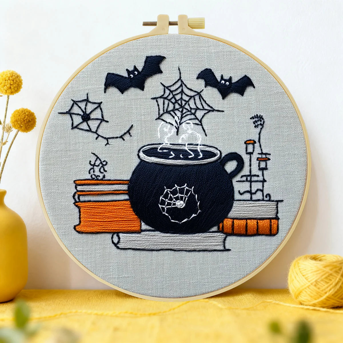 Halloween Cauldron Embroidery Kit – Spooky Witch Potion DIY Sewing Craft, Gothic Bat & Spider Web Hoop Art Decor