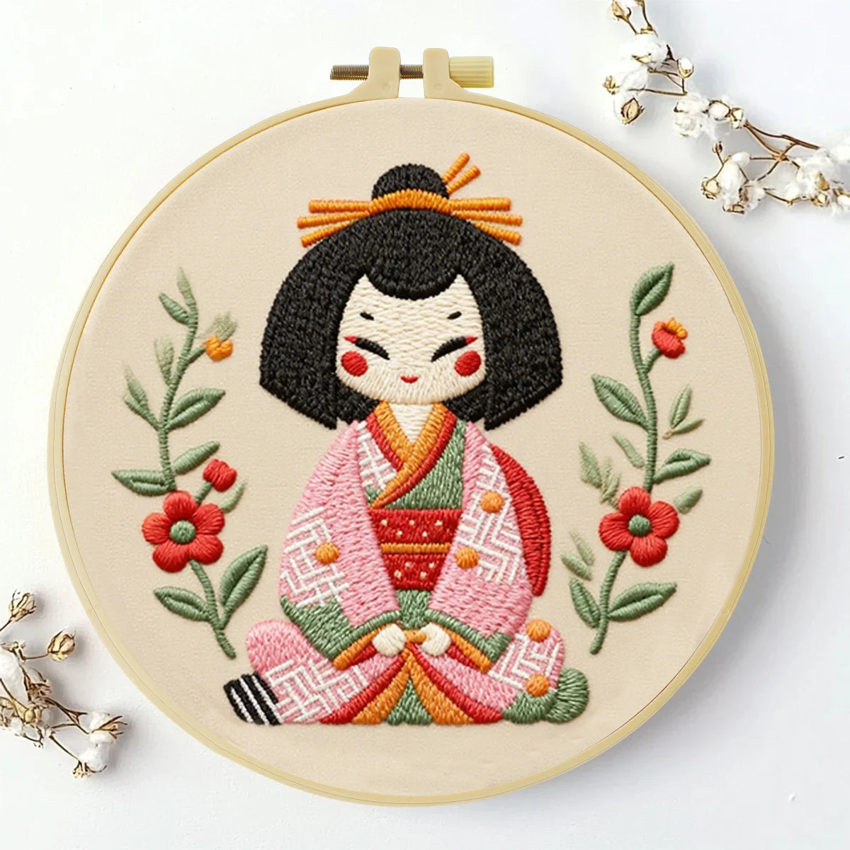 Cute Japanese Doll Embroidery Starter Kit DIY – Beginner Kawaii Hand Embroidery Kit with Floral Design