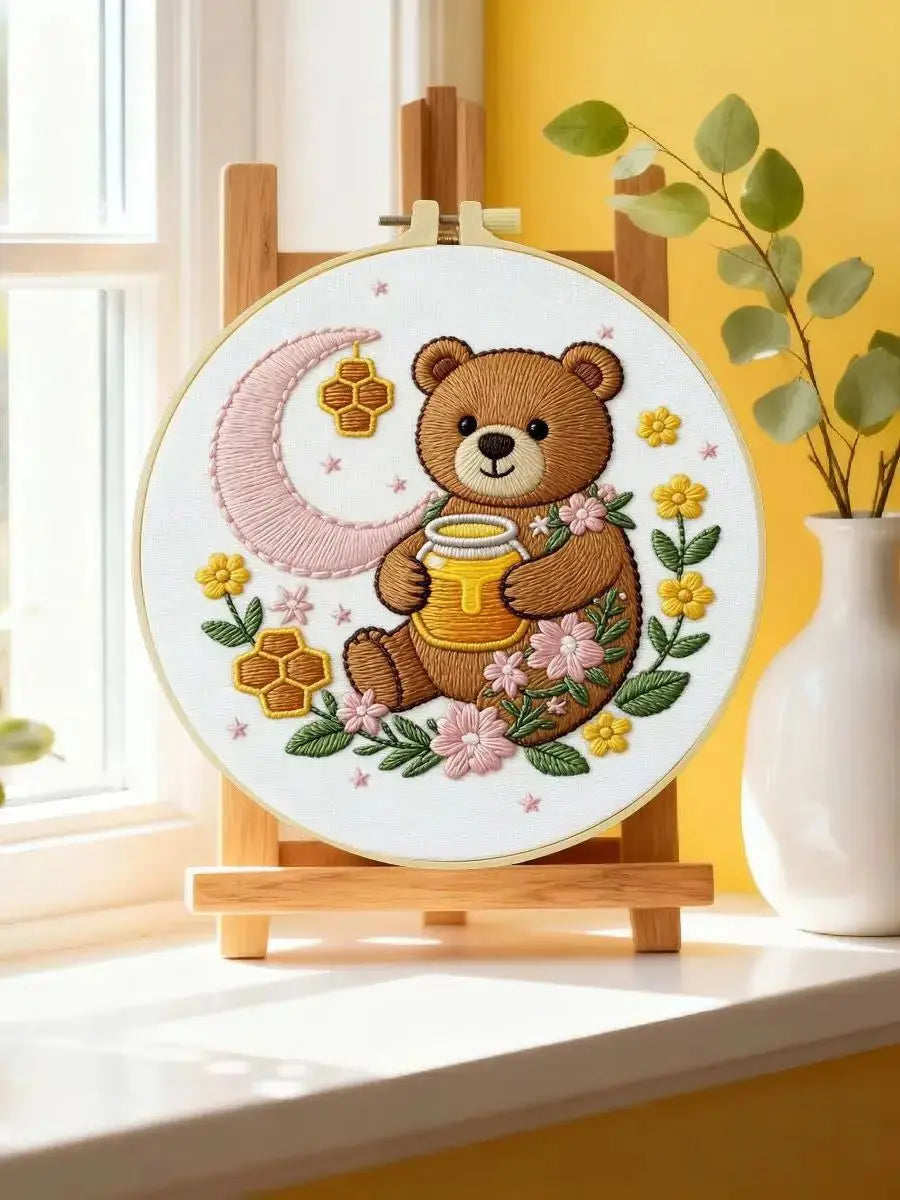 Moonlit Honey Bear Embroidery Kit – Cute Teddy Bear DIY Hand Embroidery Hoop Art Set Kits For Stitchers