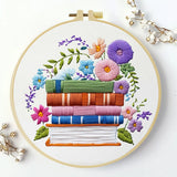 Handmade Floral Book Stack Embroidery Hoop Wall Art – Colorful Literary Cottagecore Decor