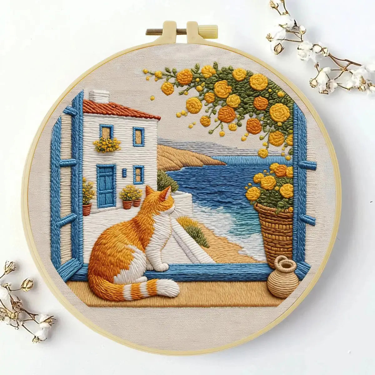 Seaside Window Cat Embroidery Kit Kits For Stitchers