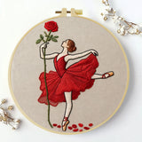 Handmade Red Rose Ballerina Embroidery Hoop Wall Art – Elegant Ballet Dancer Decor