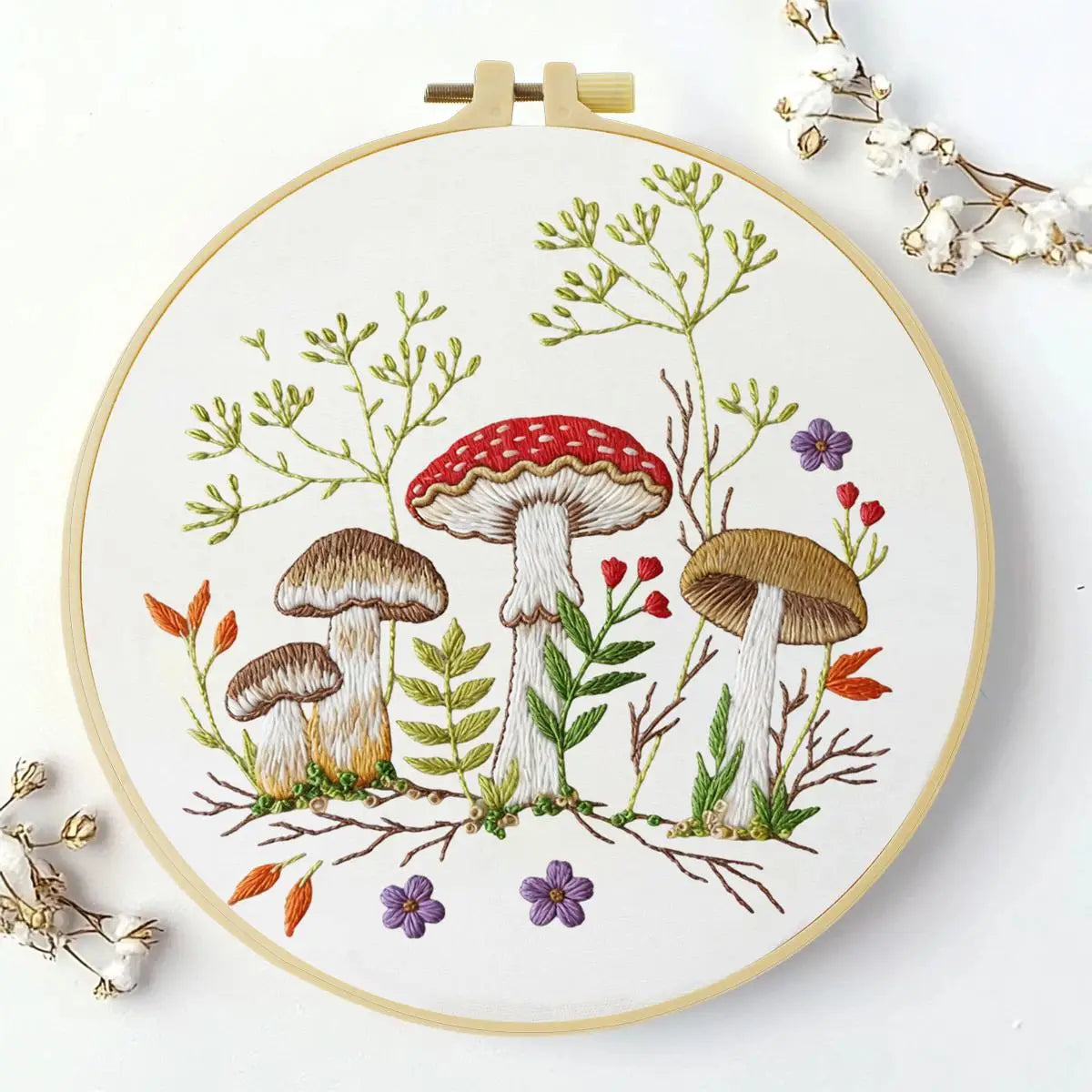 Mushroom Embroidery Kit for Beginners – DIY Woodland Hand Embroidery Hoop Set