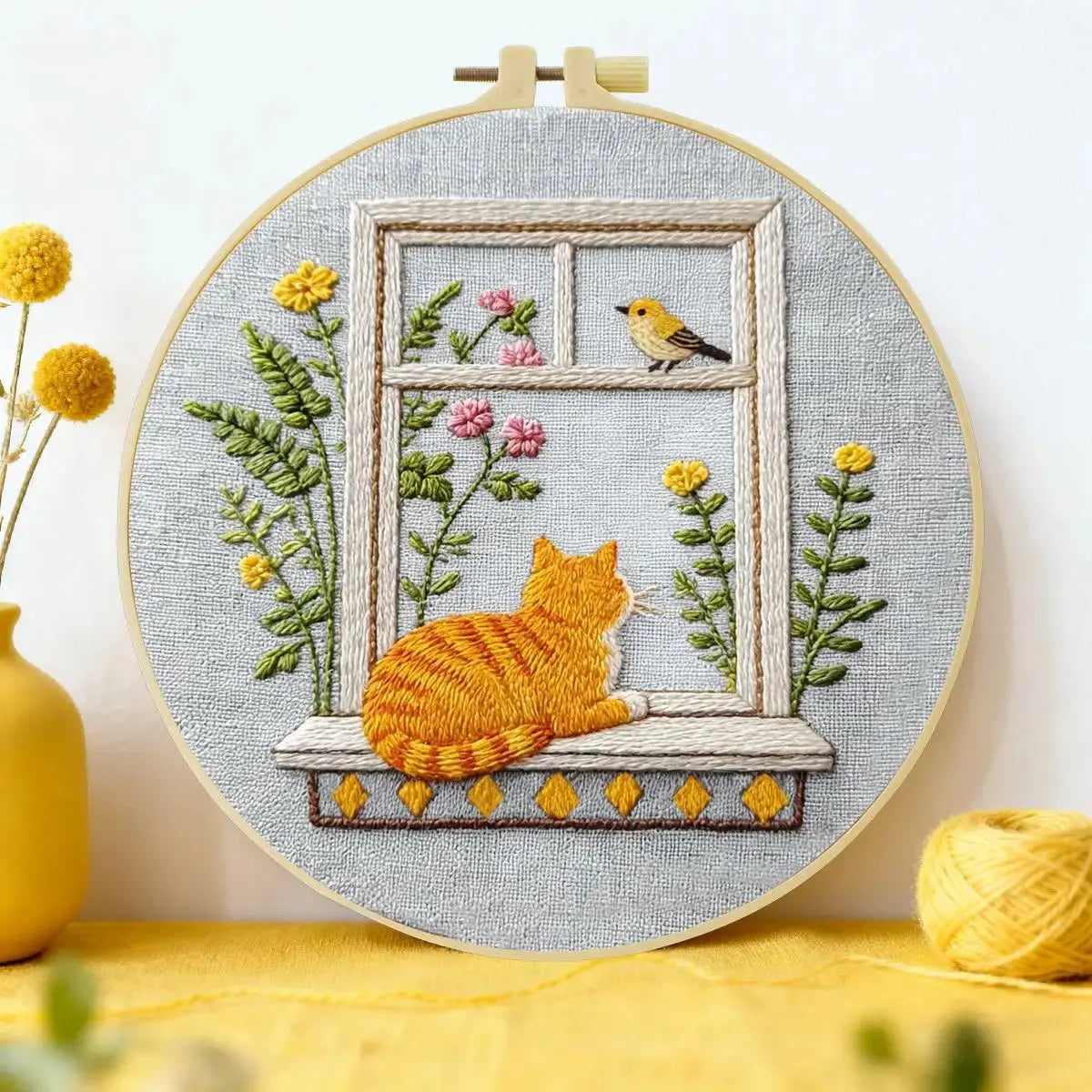 Window Cat Embroidery Kit – Cozy Birdwatching Kitty DIY Hand Embroidery Hoop Art Set Kits For Stitchers