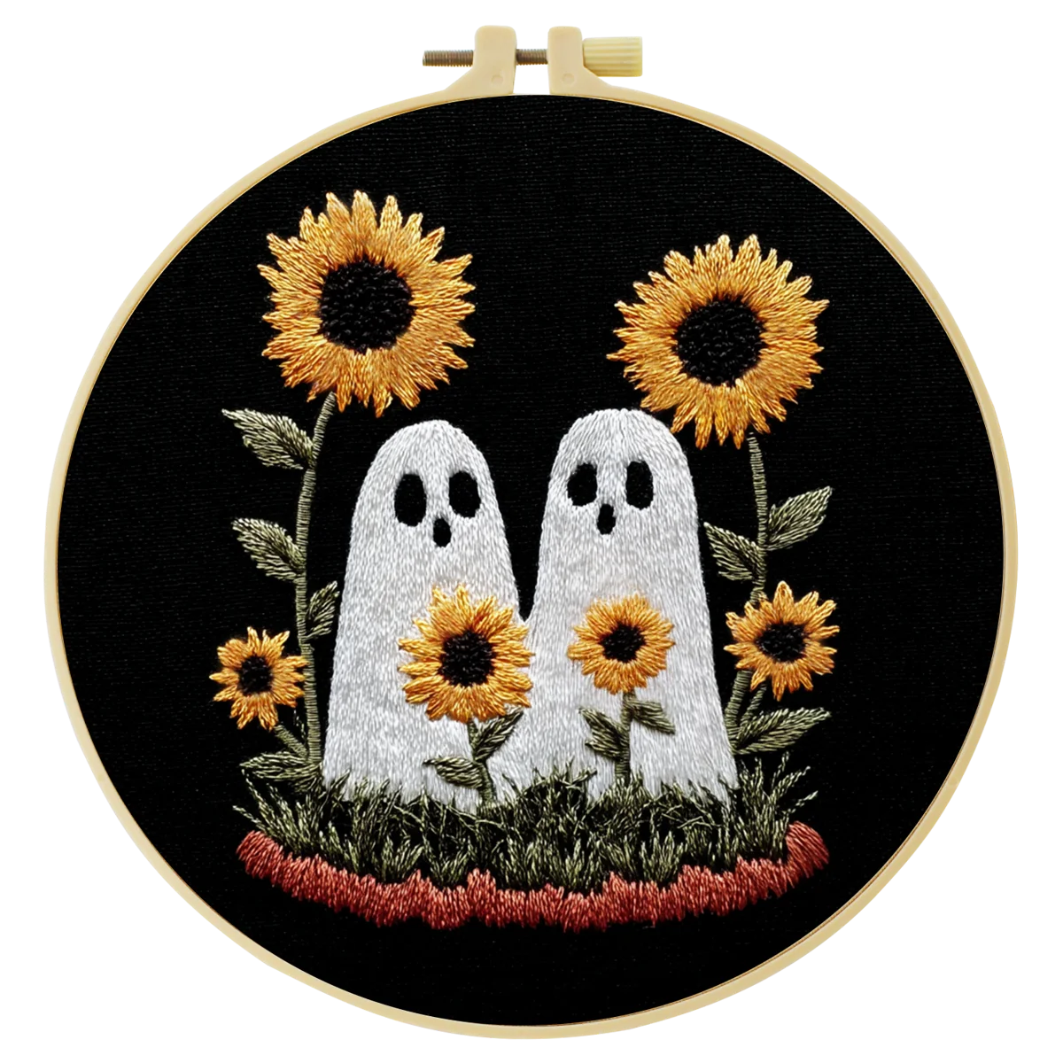 Cute Ghosts with Sunflowers Embroidery Starter Kit – DIY Halloween Sewing Art Set for Beginners