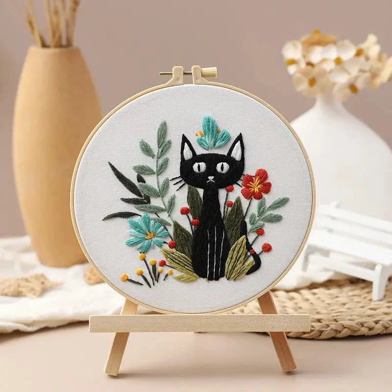 Cat & Floral Embroidery Kit The Stichers Heavane