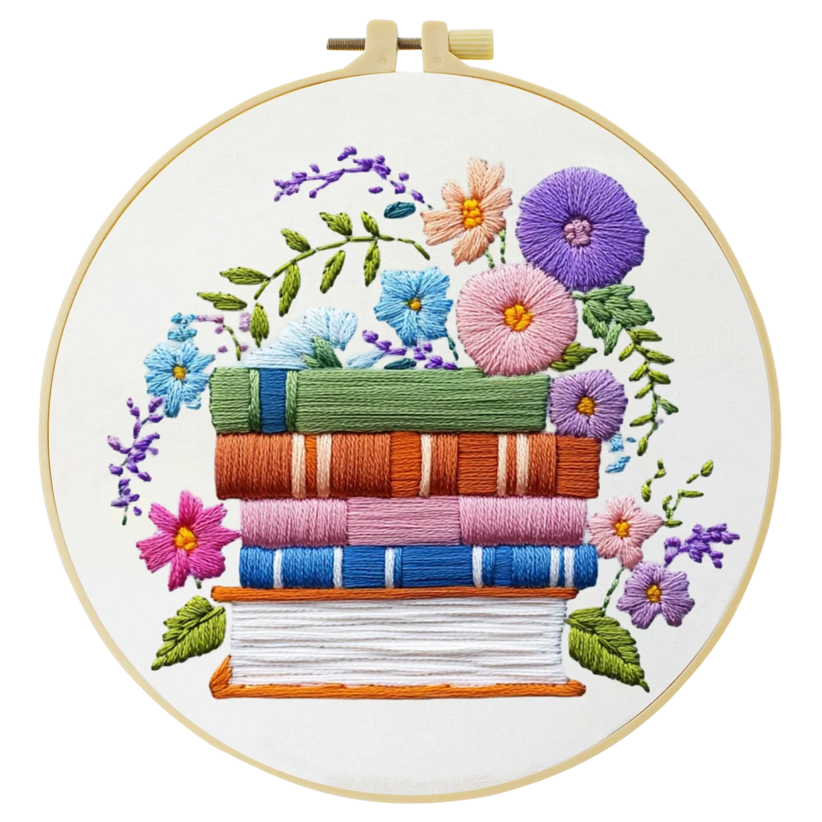 Handmade Floral Book Stack Embroidery Hoop Wall Art – Colorful Literary Cottagecore Decor