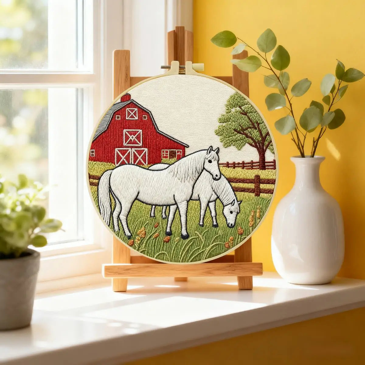 Farm Horse Embroidery Kit – Rustic Barn DIY Hand Embroidery Hoop Art Set