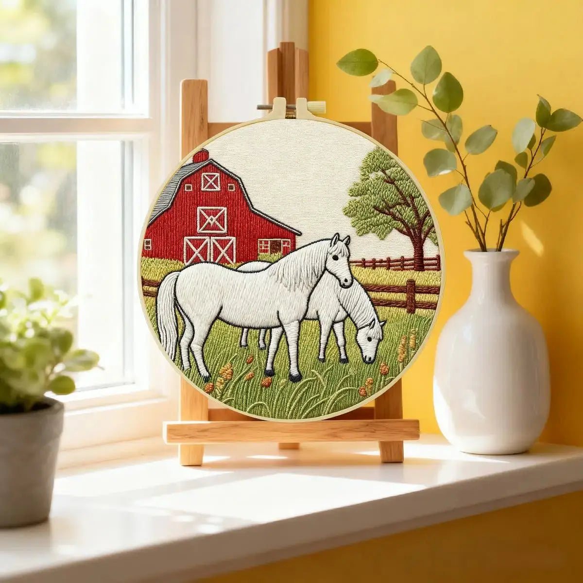 Farm Horse Embroidery Kit – Rustic Barn DIY Hand Embroidery Hoop Art Set Kits For Stitchers
