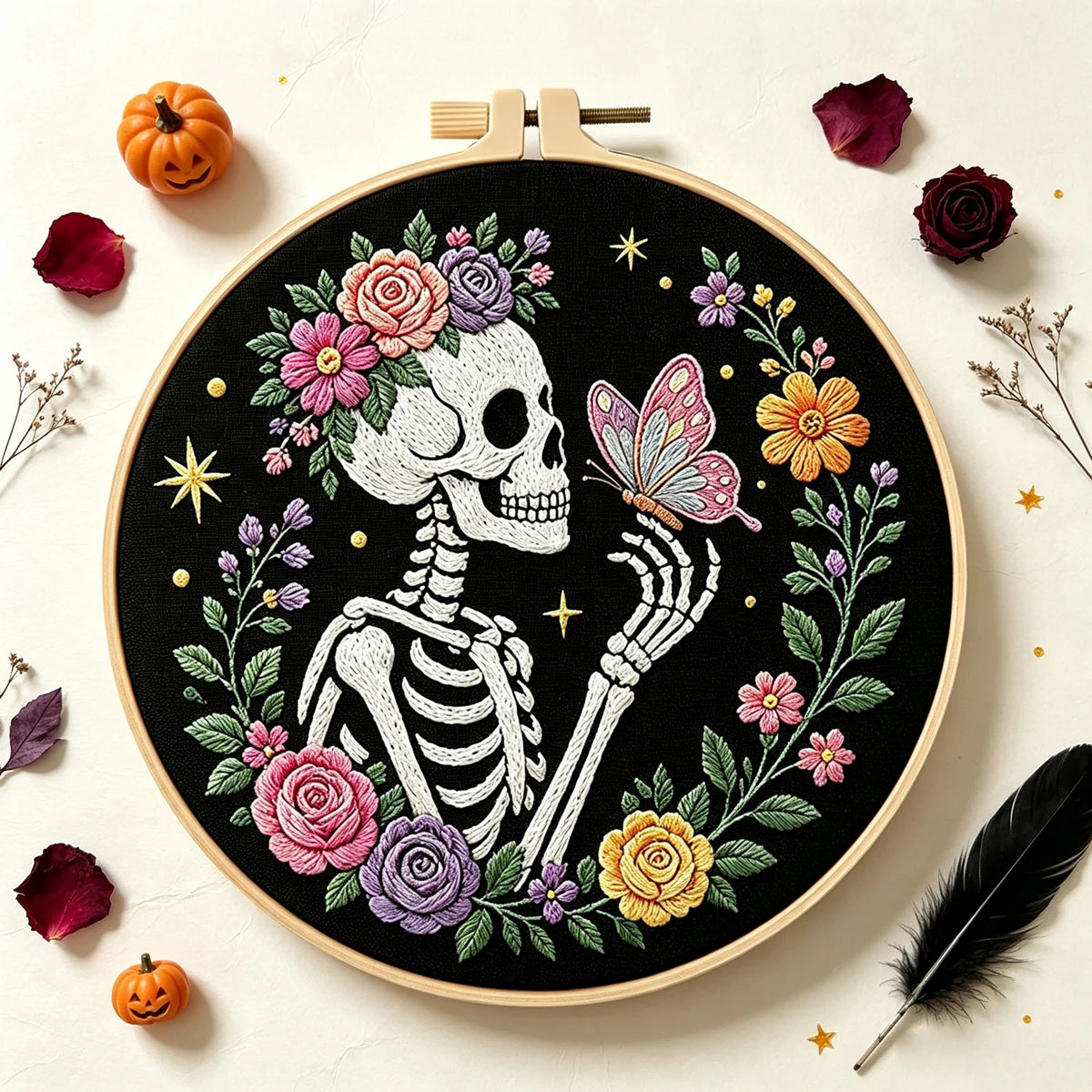 Floral Skeleton Embroidery Kit – Set of 3