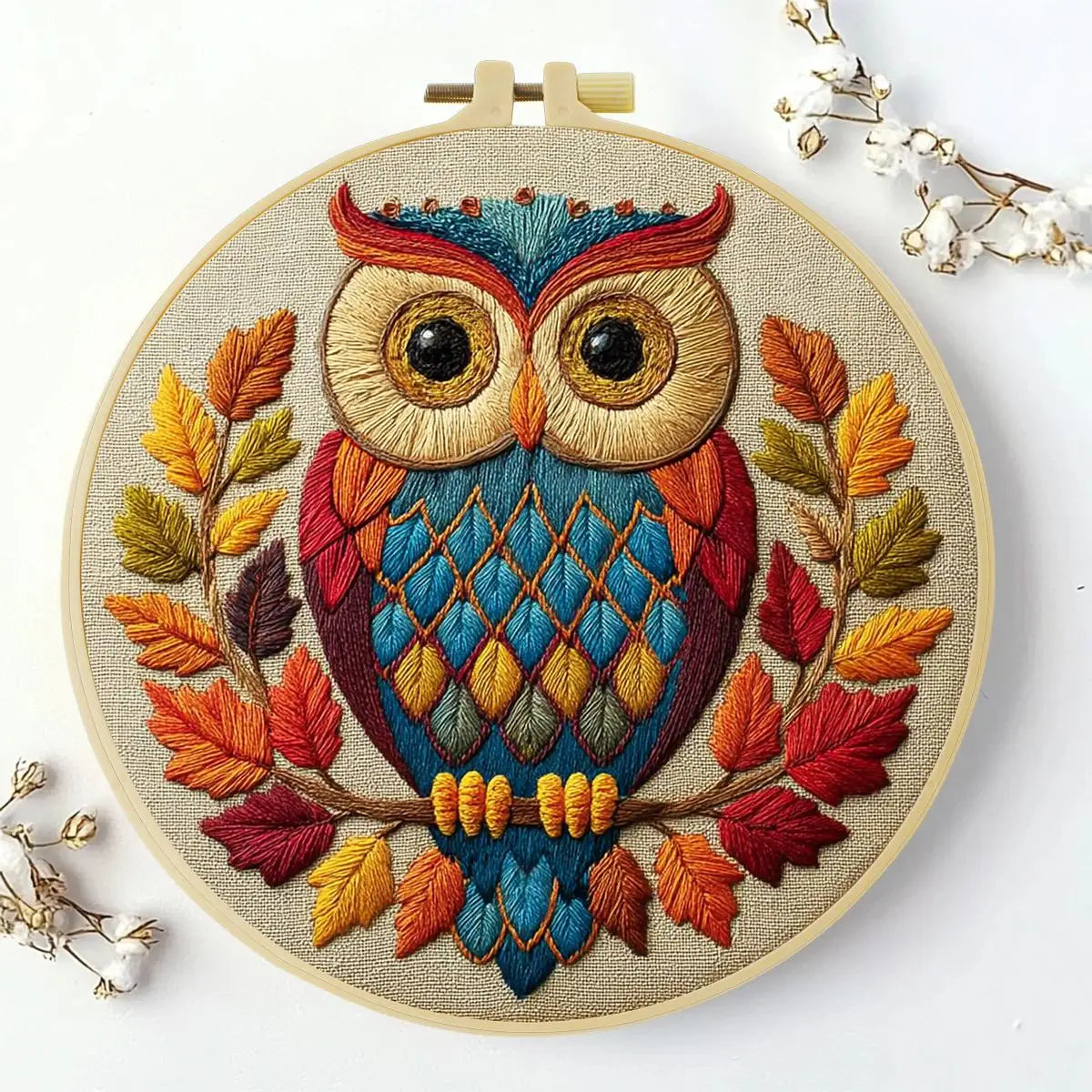 Colorful Autumn Owl Embroidery Kit – Woodland DIY Hand Embroidery Hoop Art Set