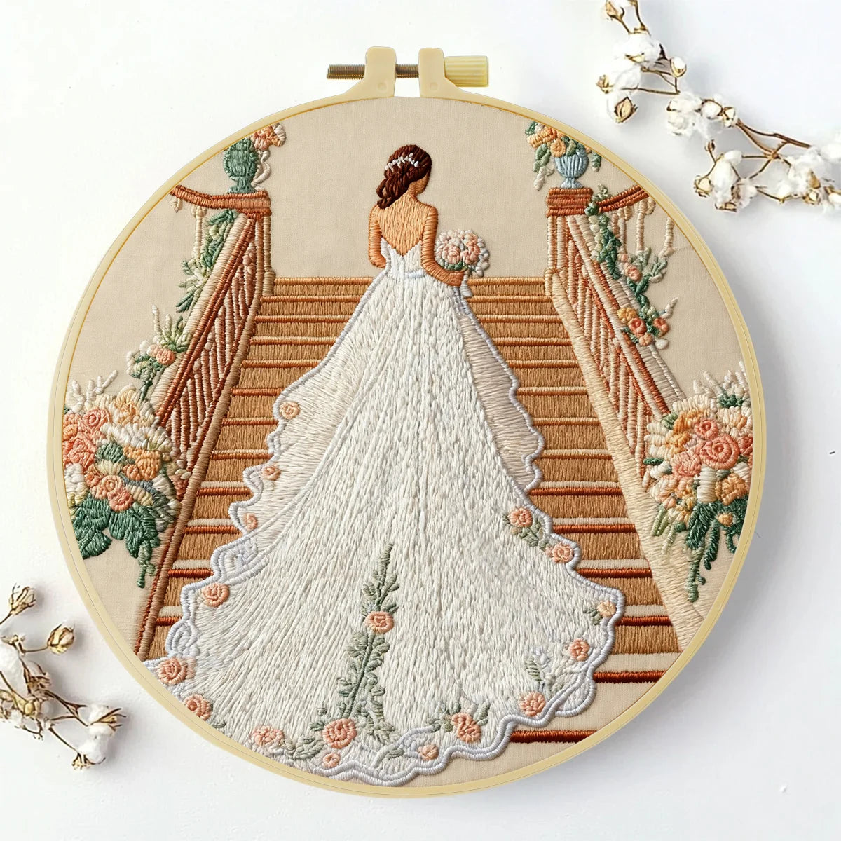 Handmade Bridal Staircase Embroidery Hoop Wall Art – Elegant Wedding Dress Floral Decor