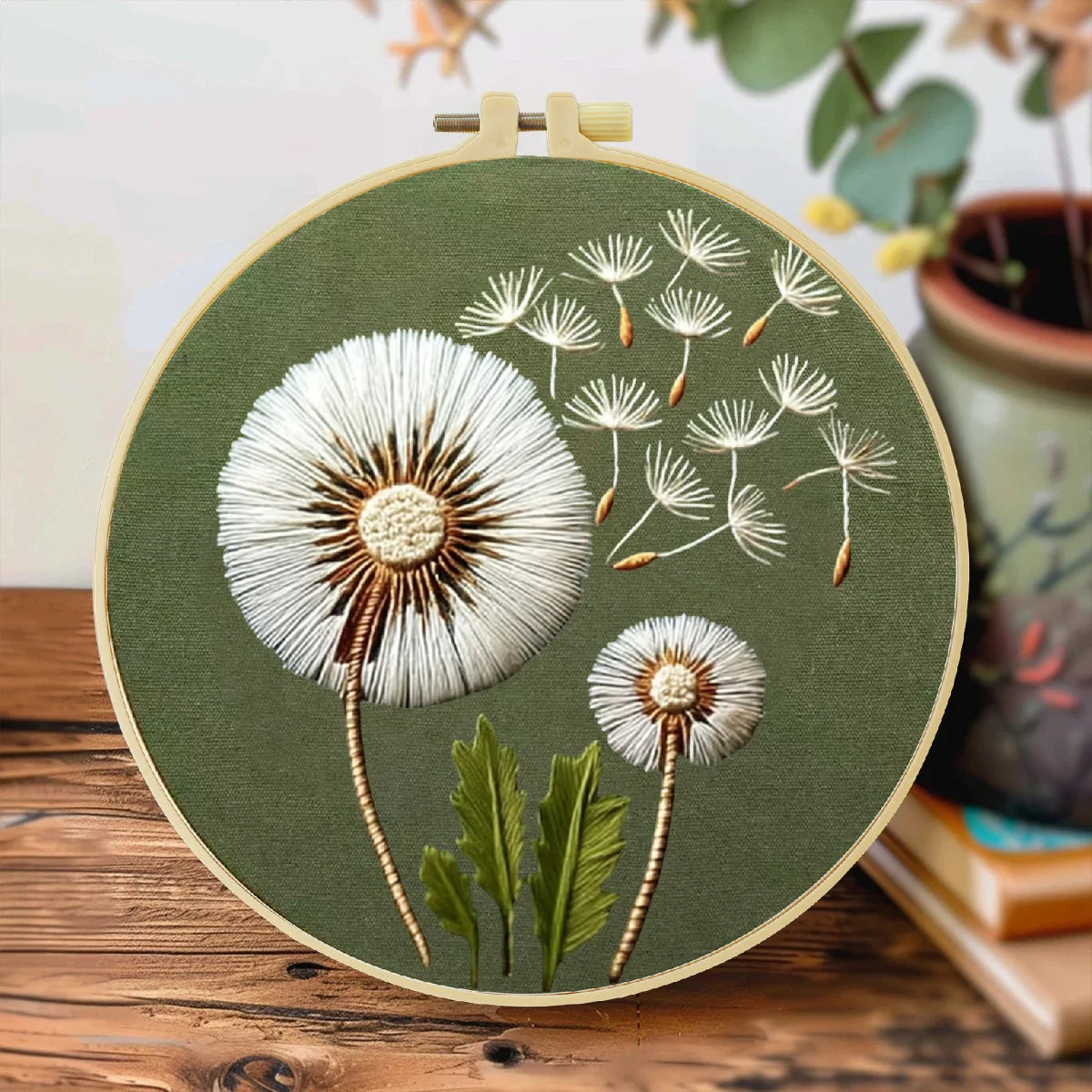 Minimalist Dandelion Embroidery Kit – Botanical Puff Flower DIY Needlepoint Hoop Art Modern Nature Decor Craft Gift for Adults