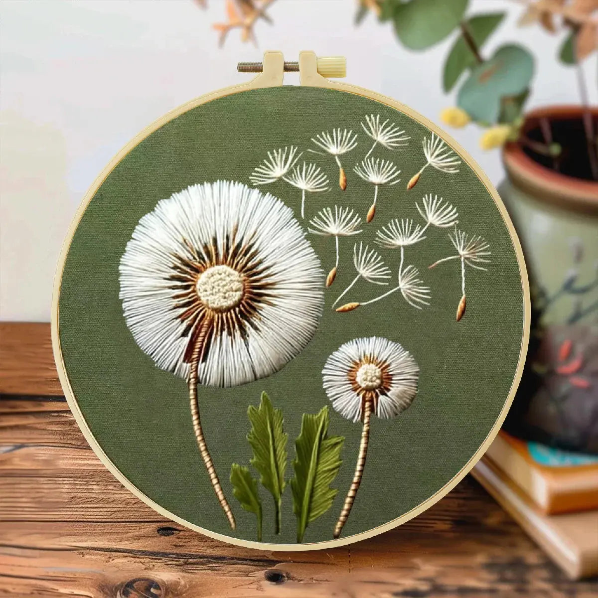 Minimalist Dandelion Embroidery Kit – Botanical Puff Flower DIY Needlepoint Hoop Art Modern Nature Decor Craft Gift for Adults Kits For Stitchers