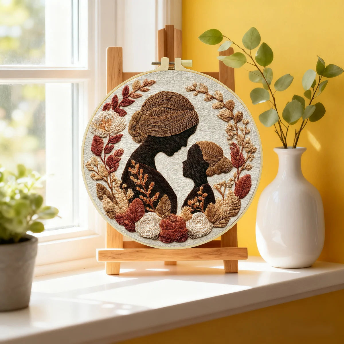 Mother & Daughter Silhouette Embroidery Kit – Elegant Floral Family Needlepoint Pattern with Warm Neutral Earth Tones
